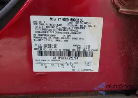 2018 Ford Ecosport Se из США, поврежденный, VIN MAJ3P1TE1JC228794